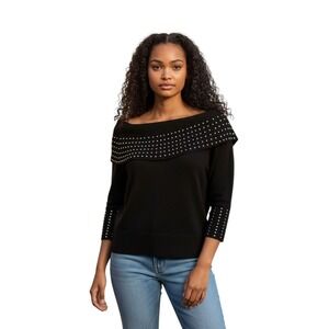 Questions‎ Black Off Shoulder Sweater Stud Embellished 3/4 Sleeve Women's L